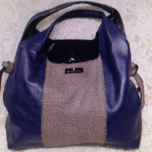 Borbonese, Italy, Blue and Brown Leather Handbag